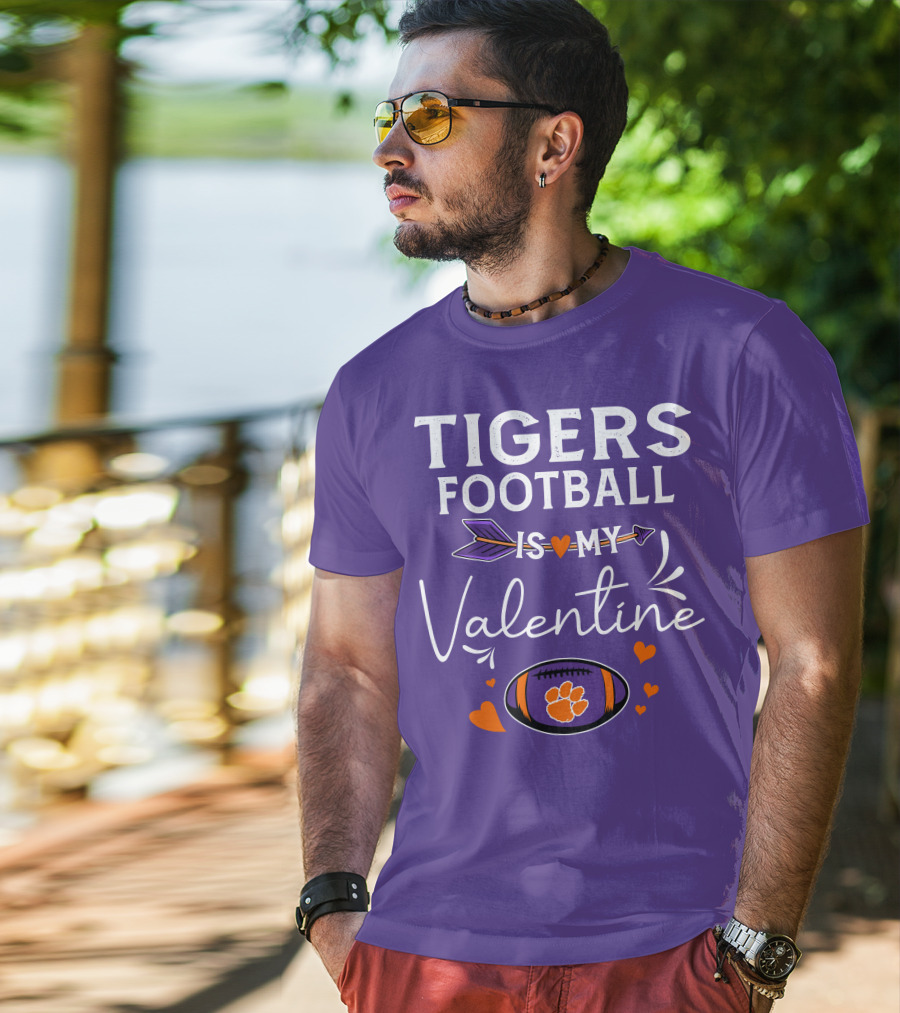 Tigers Football Is My Valentine With Paw Print And Hearts T-Shirt
