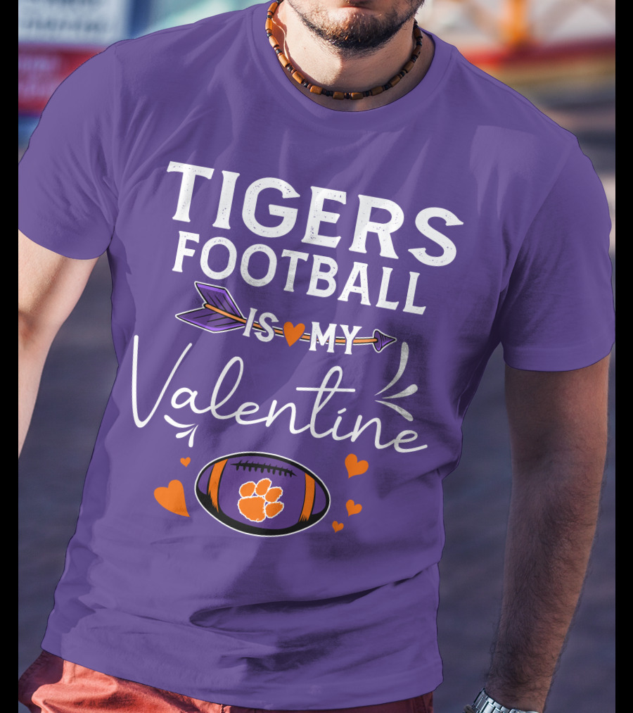 Tigers Football Is My Valentine With Paw Print And Hearts T-Shirt