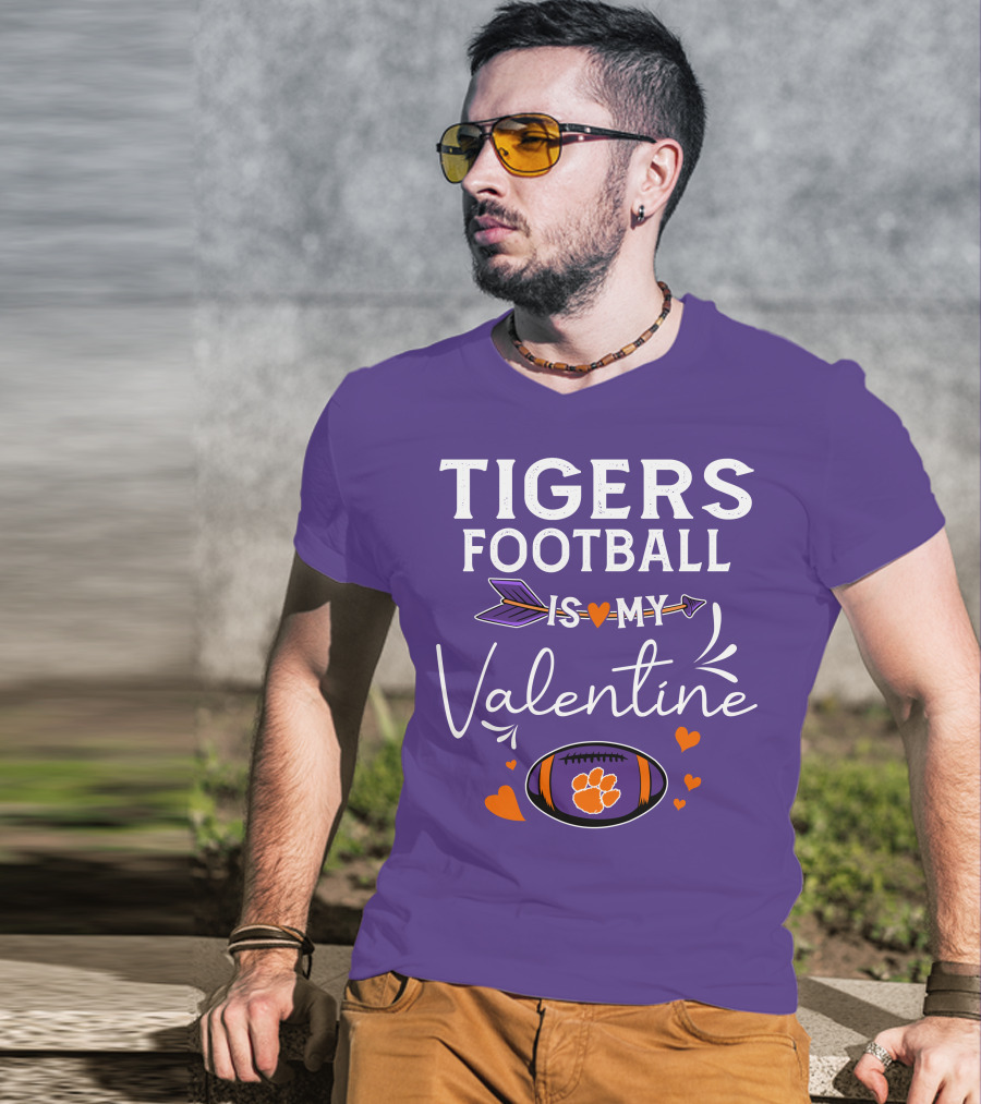 Tigers Football Is My Valentine With Paw Print And Hearts T-Shirt