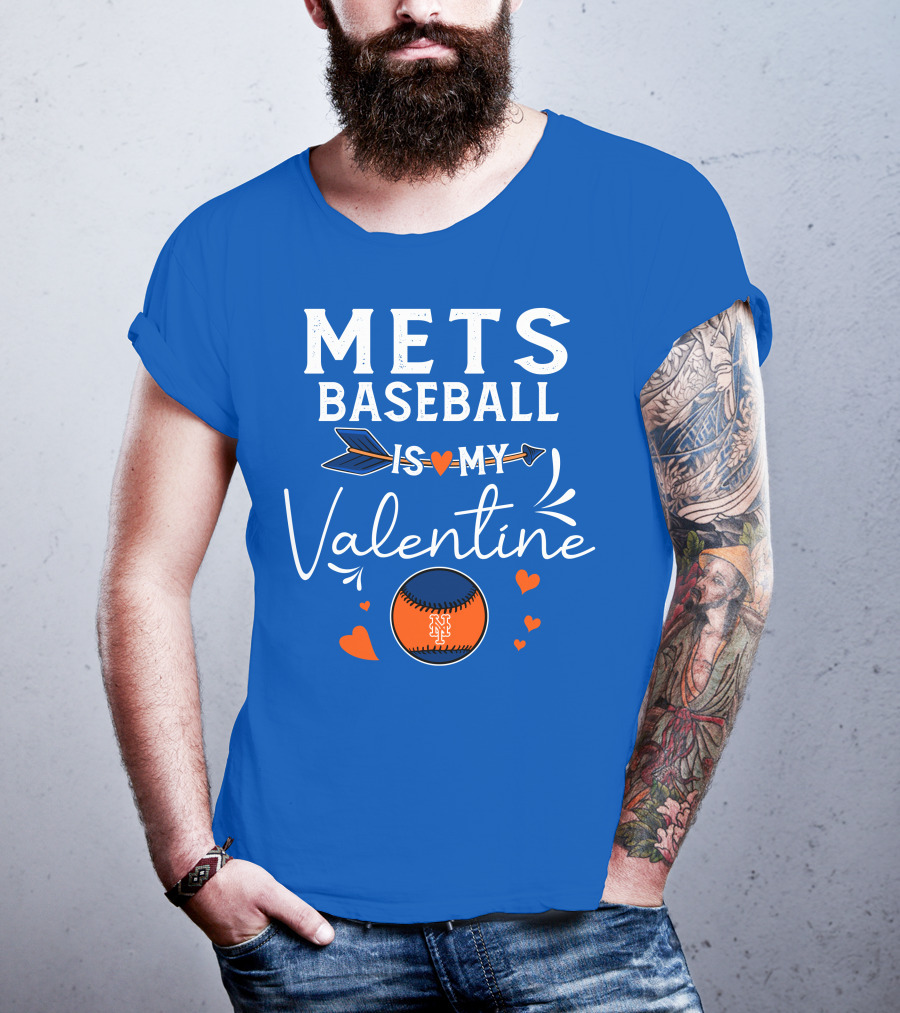 Mets Baseball Is My Valentine Orange Blue Hearts And Baseball T-Shirt