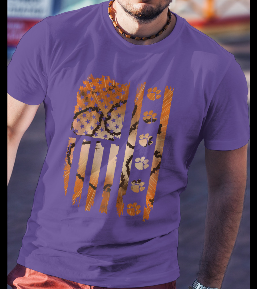 Clemson Tigers Paw Print American Flag T-Shirt