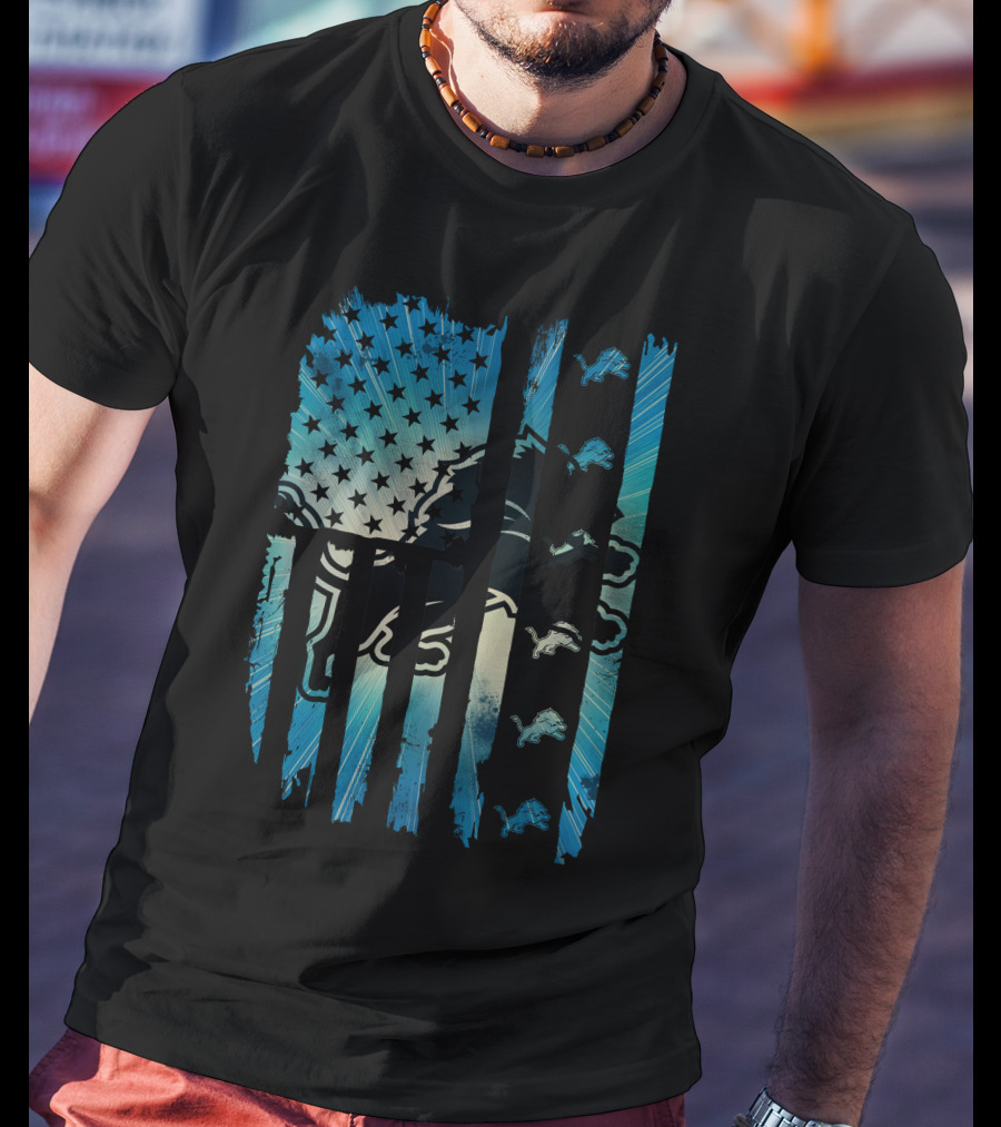 Detroit Lions American Flag Blue Starburst T-Shirt