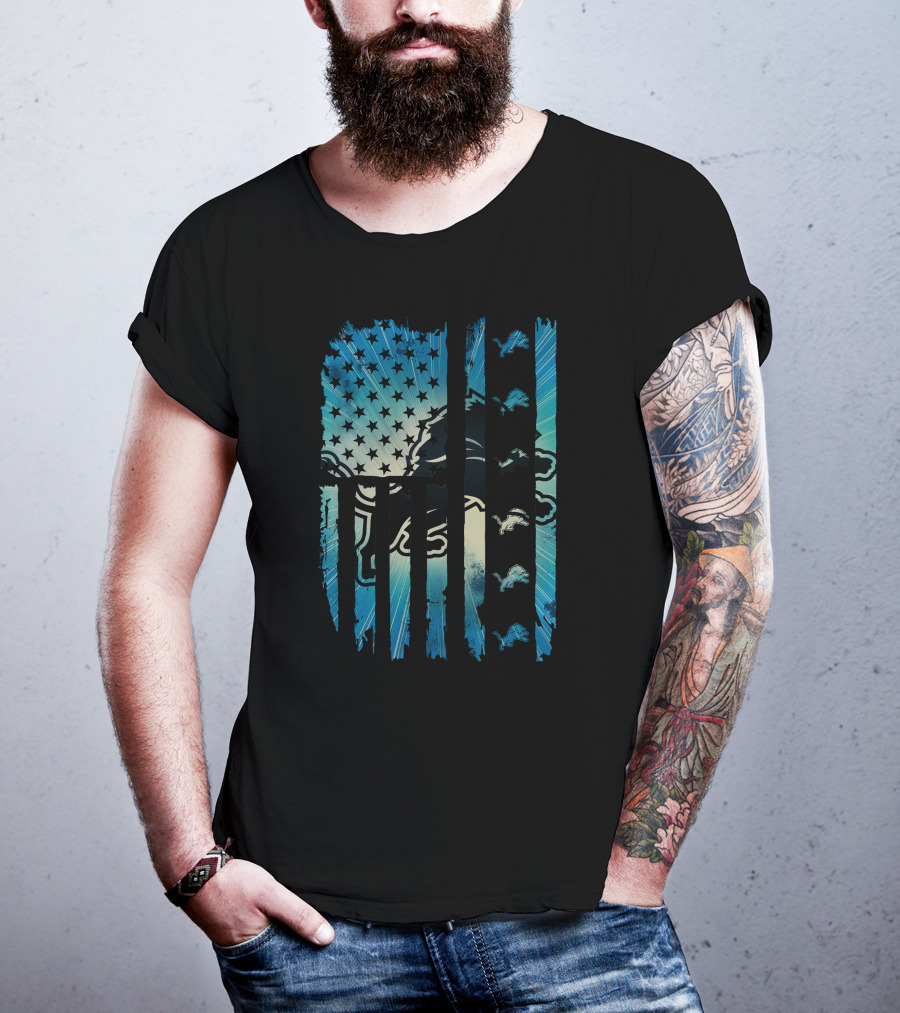 Detroit Lions American Flag Blue Starburst T-Shirt