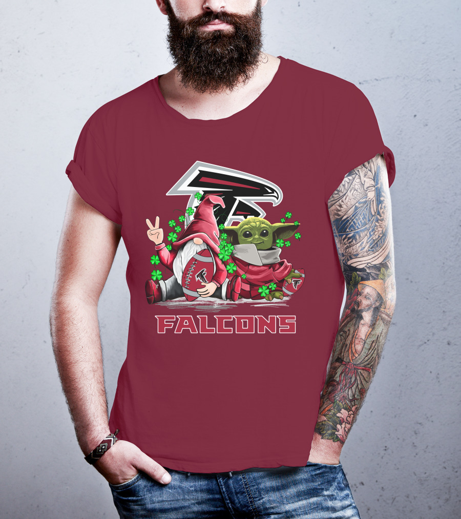 Leprechauns Gnomes Baby Yoda Hug Atlanta Falcons Shamrock Football T-Shirt