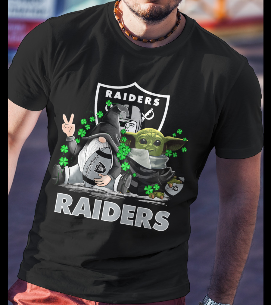 Leprechauns Gnomes Baby Yoda Hug Raiders Football Peace Shamrocks T-Shirt