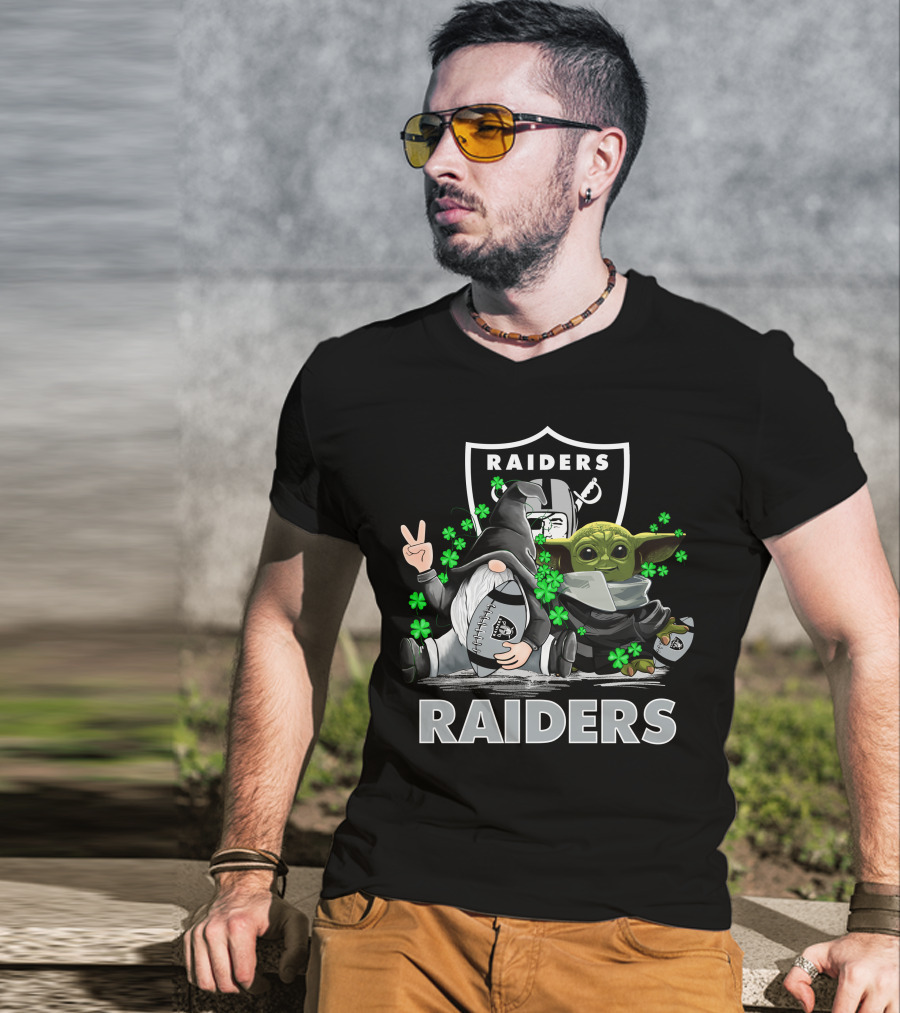 Leprechauns Gnomes Baby Yoda Hug Raiders Football Peace Shamrocks T-Shirt