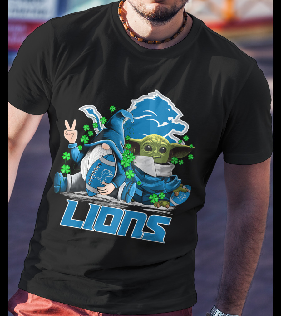 Leprechauns Gnomes Baby Yoda Lions Football Detroit Clover Hug T-Shirt