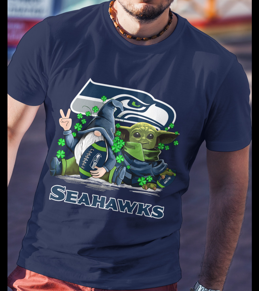 Leprechauns Gnomes Baby Yoda Seattle Seahawks Hug Football T-Shirt