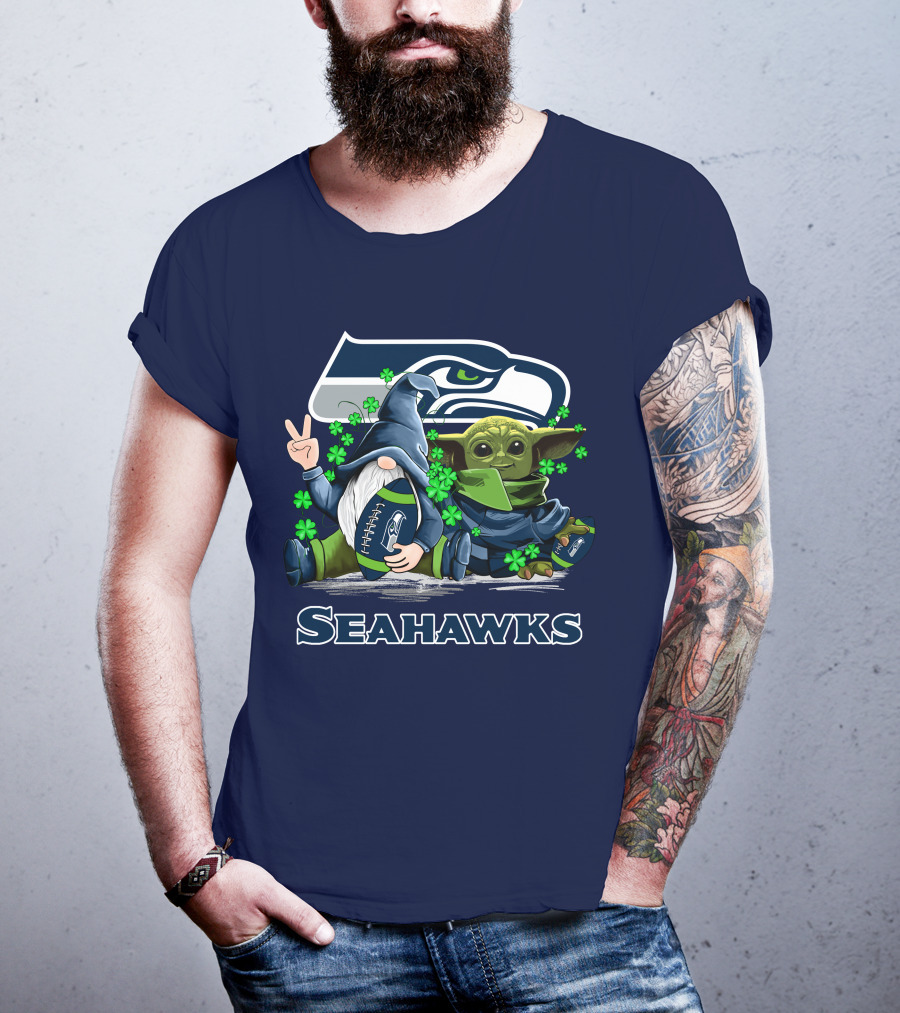 Leprechauns Gnomes Baby Yoda Seattle Seahawks Hug Football T-Shirt