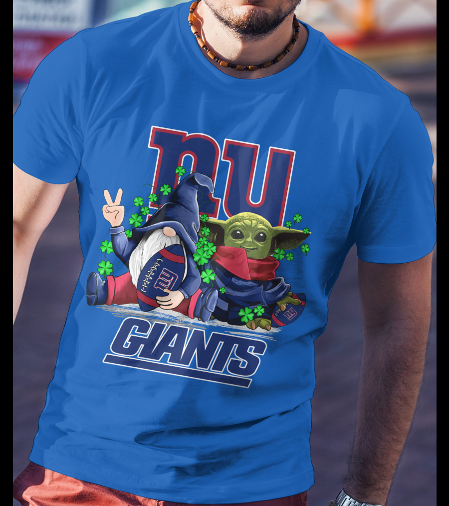 New York Giants Leprechauns Gnomes Baby Yoda Football Clover T-Shirt