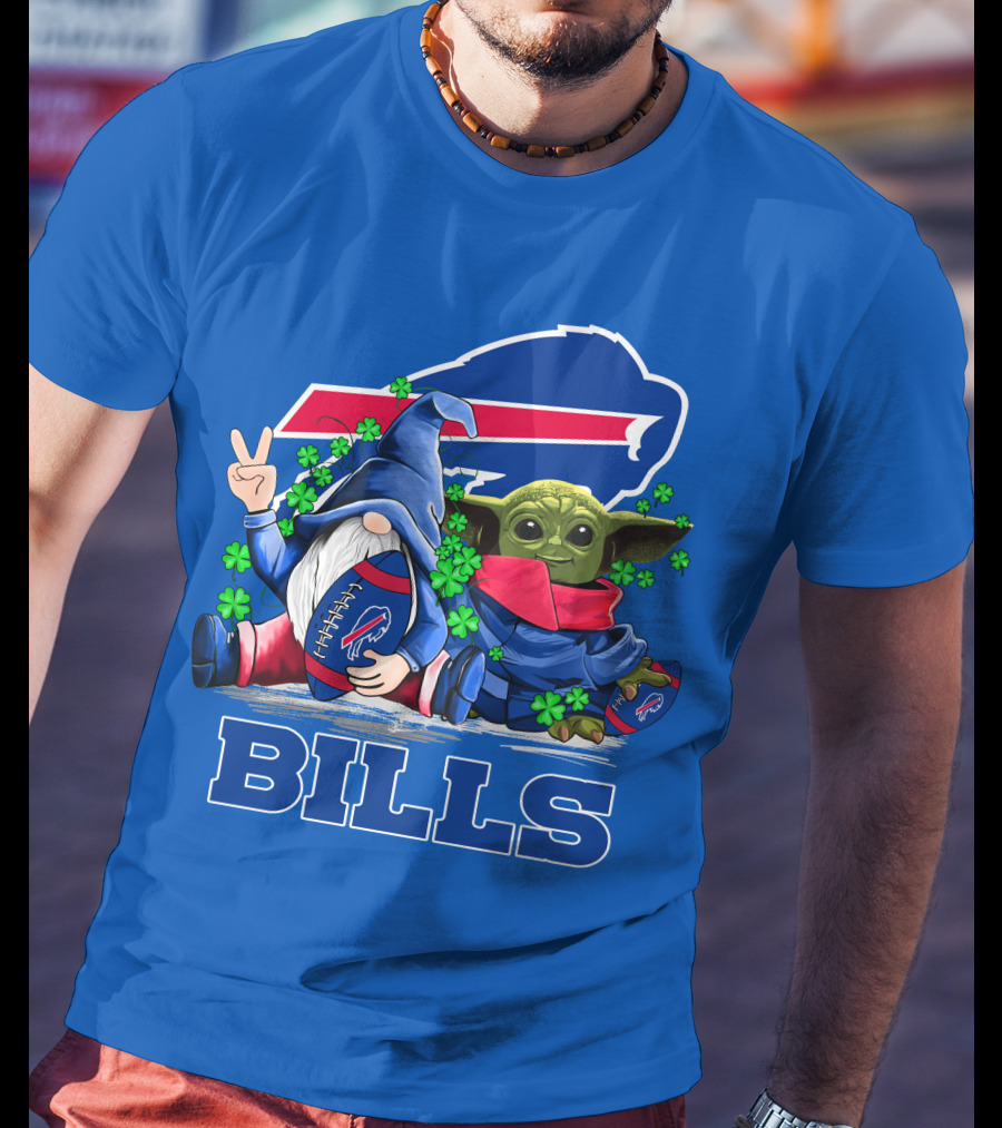 Leprechauns Gnomes Baby Yoda Hug Buffalo Bills Football Team Logo Shamrocks T-Shirt