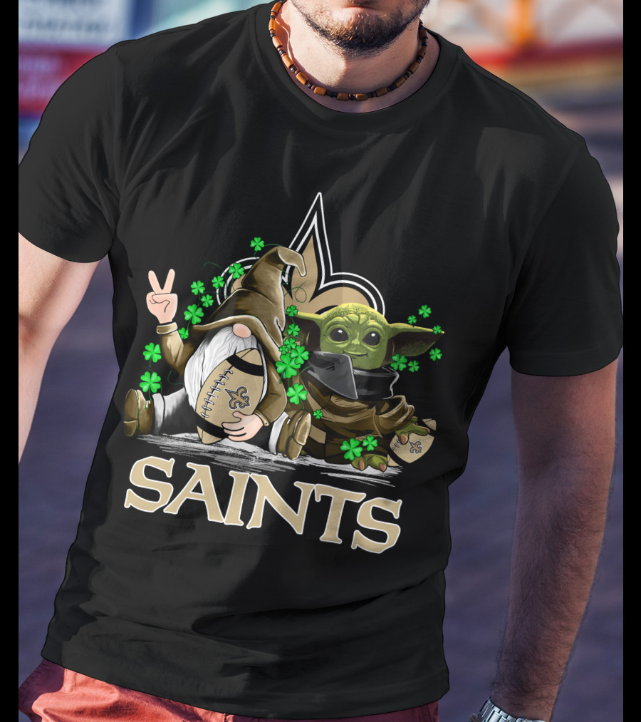 Leprechauns Gnomes Baby Yoda New Orleans Saints Football Shamrocks T-Shirt