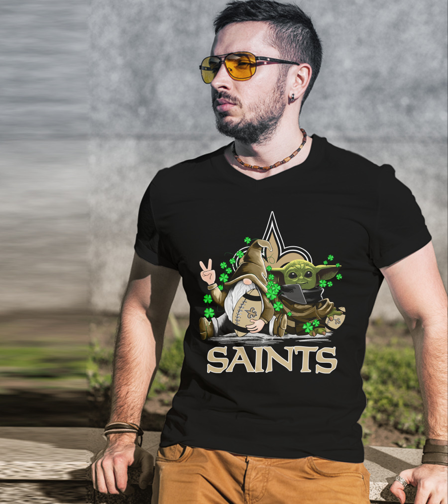 Leprechauns Gnomes Baby Yoda New Orleans Saints Football Shamrocks T-Shirt