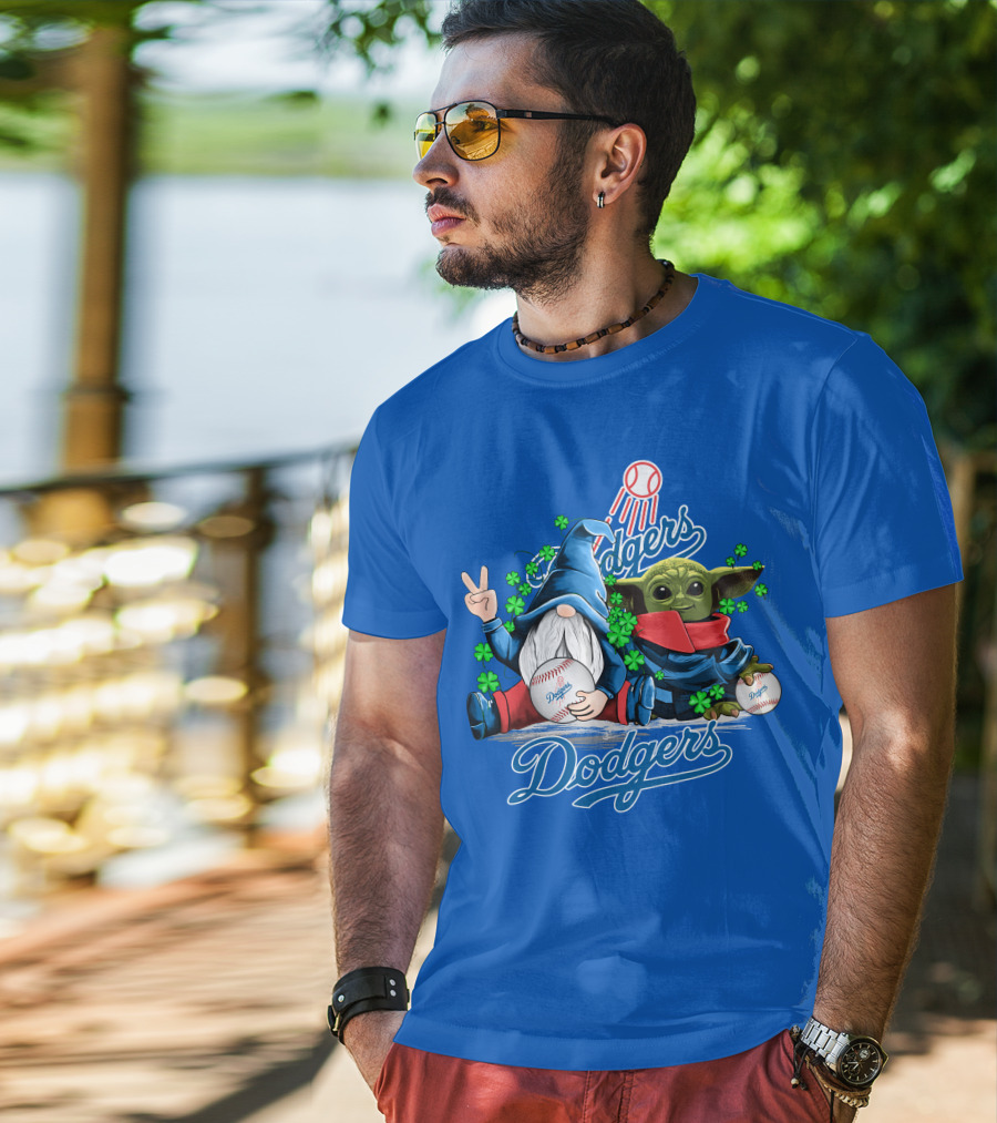 Dodgers Gnomes And Baby Yoda With Baseball And Shamrocks T-Shirt