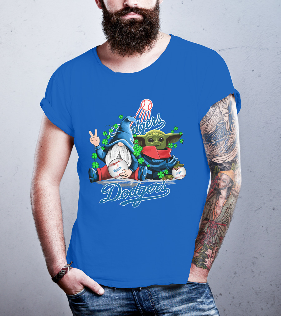 Dodgers Gnomes And Baby Yoda With Baseball And Shamrocks T-Shirt