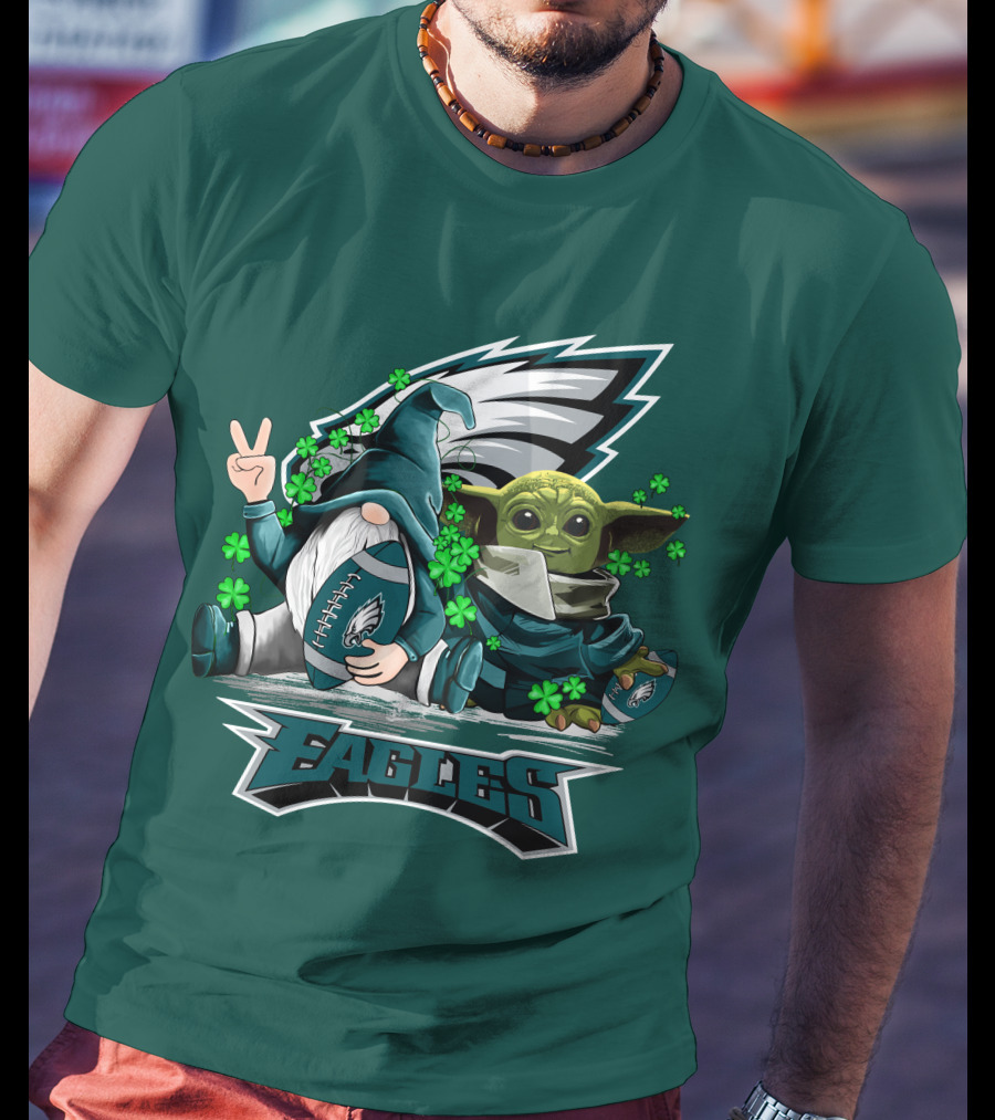 Philadelphia Eagles Leprechauns Gnomes Baby Yoda Hug Football T-Shirt