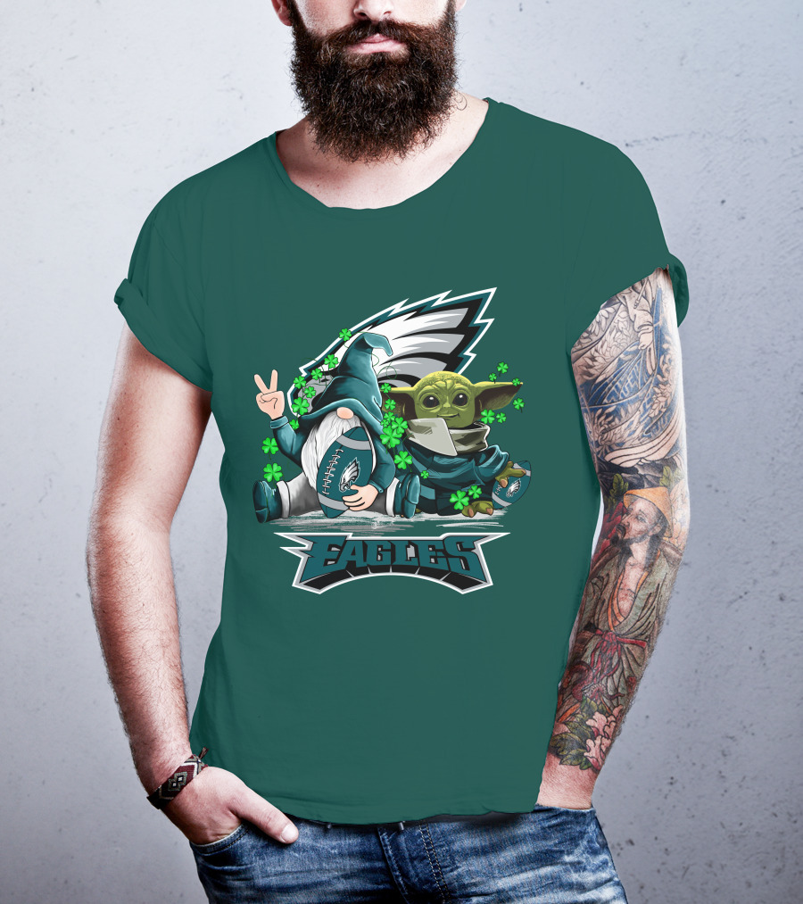 Philadelphia Eagles Leprechauns Gnomes Baby Yoda Hug Football T-Shirt