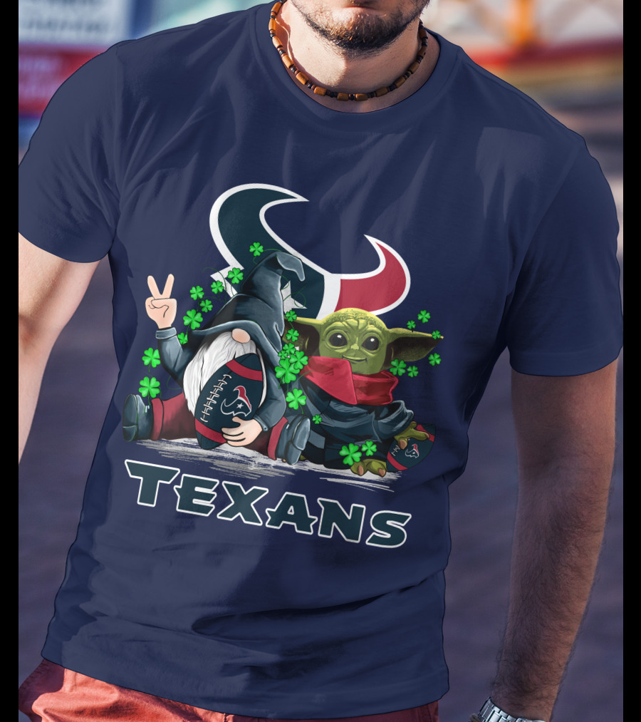Leprechauns Gnomes Baby Yoda Houston Texans Football Clover T-Shirt