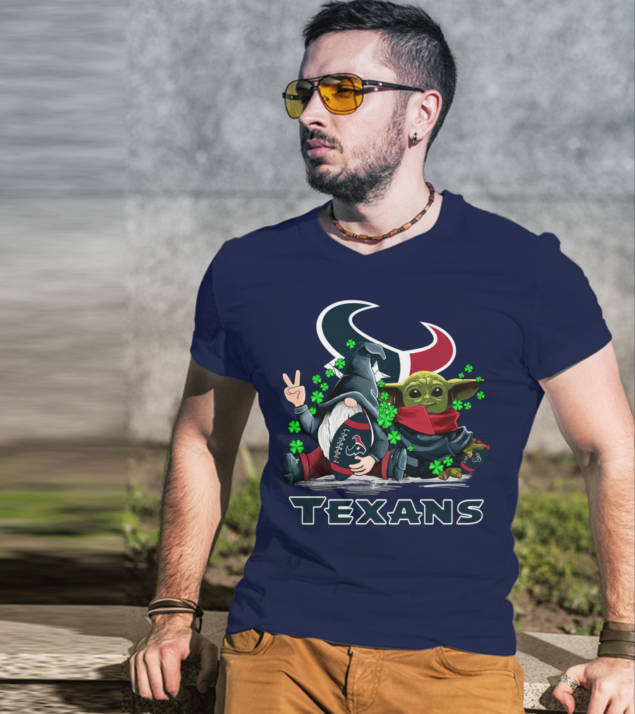 Leprechauns Gnomes Baby Yoda Houston Texans Football Clover T-Shirt