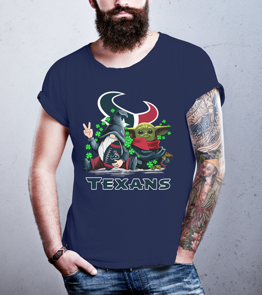 Leprechauns Gnomes Baby Yoda Houston Texans Football Clover T-Shirt