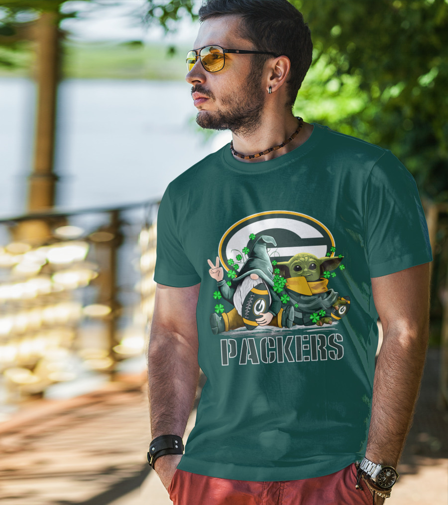 Leprechauns Gnomes Baby Yoda Packers Logo Shamrocks Hug Green Bay T-Shirt