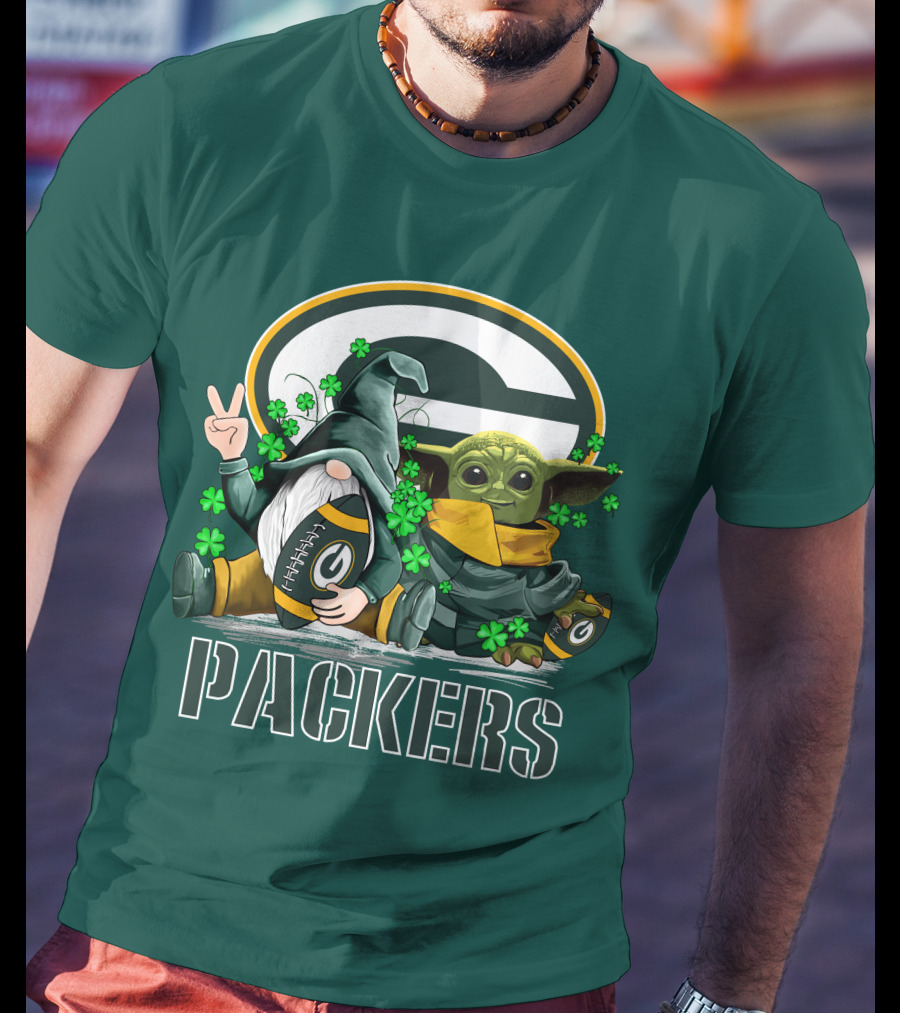 Leprechauns Gnomes Baby Yoda Packers Logo Shamrocks Hug Green Bay T-Shirt