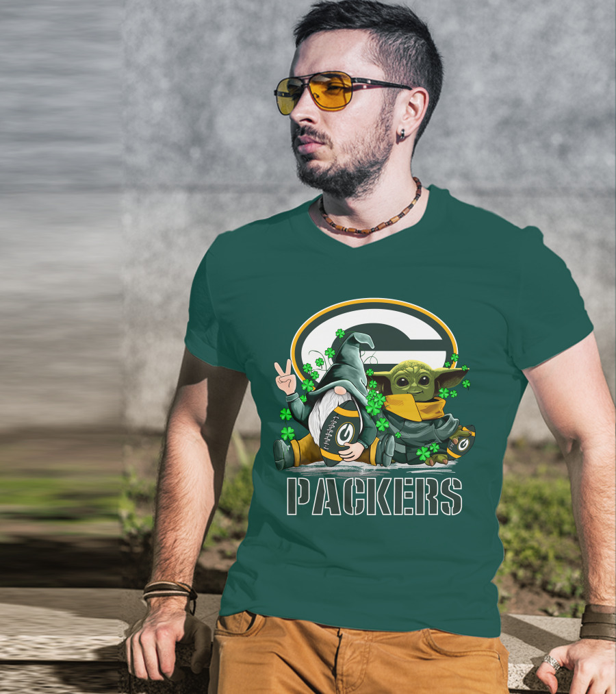 Leprechauns Gnomes Baby Yoda Packers Logo Shamrocks Hug Green Bay T-Shirt
