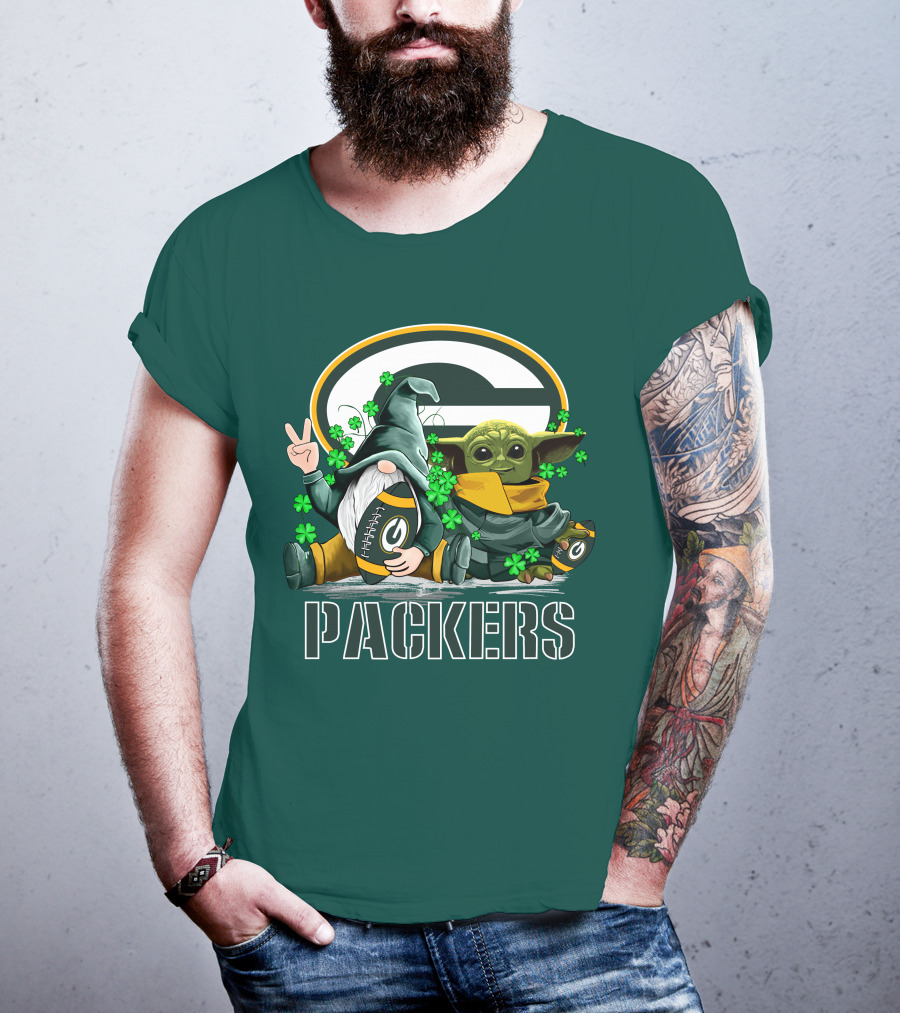 Leprechauns Gnomes Baby Yoda Packers Logo Shamrocks Hug Green Bay T-Shirt