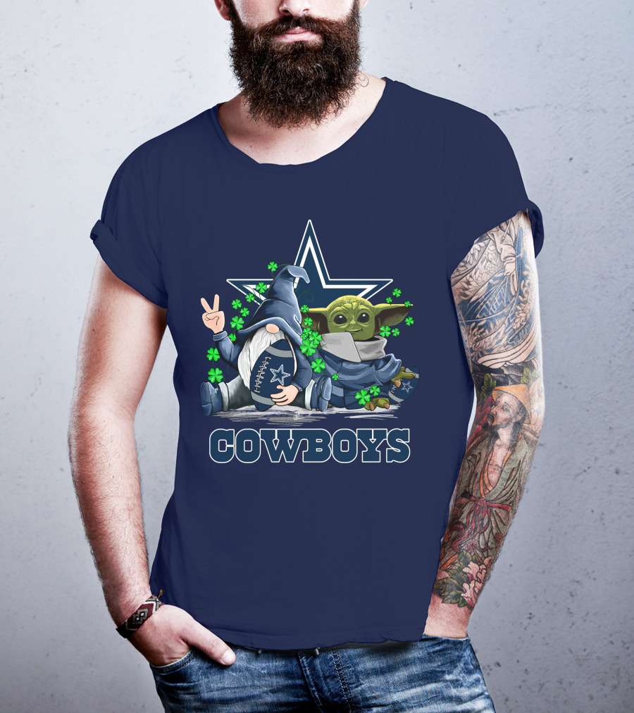 Leprechauns Gnomes Baby Yoda Hug Cowboys Star Clover Football T-Shirt