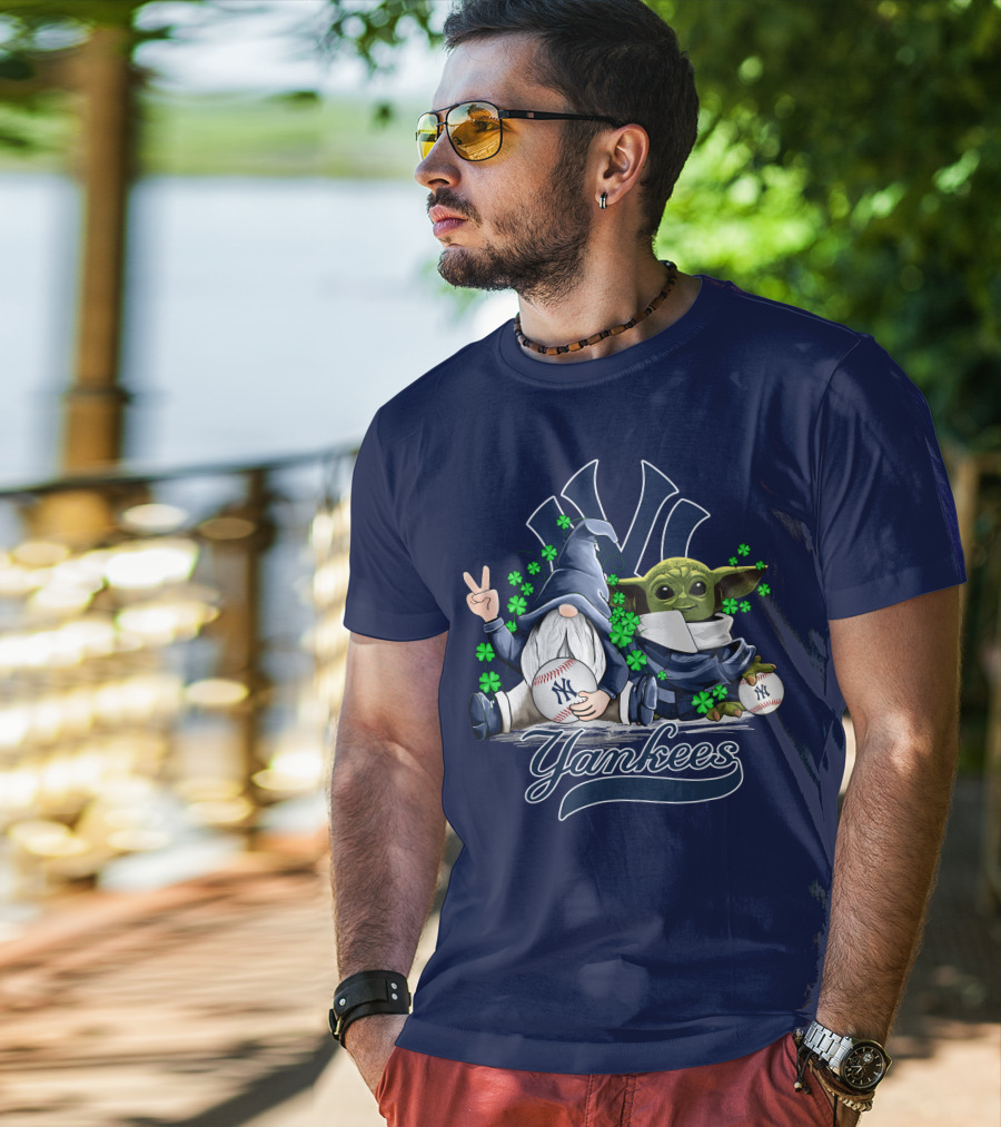Leprechaun Gnome Baby Yoda Yankees Logo Baseball Fan T-Shirt