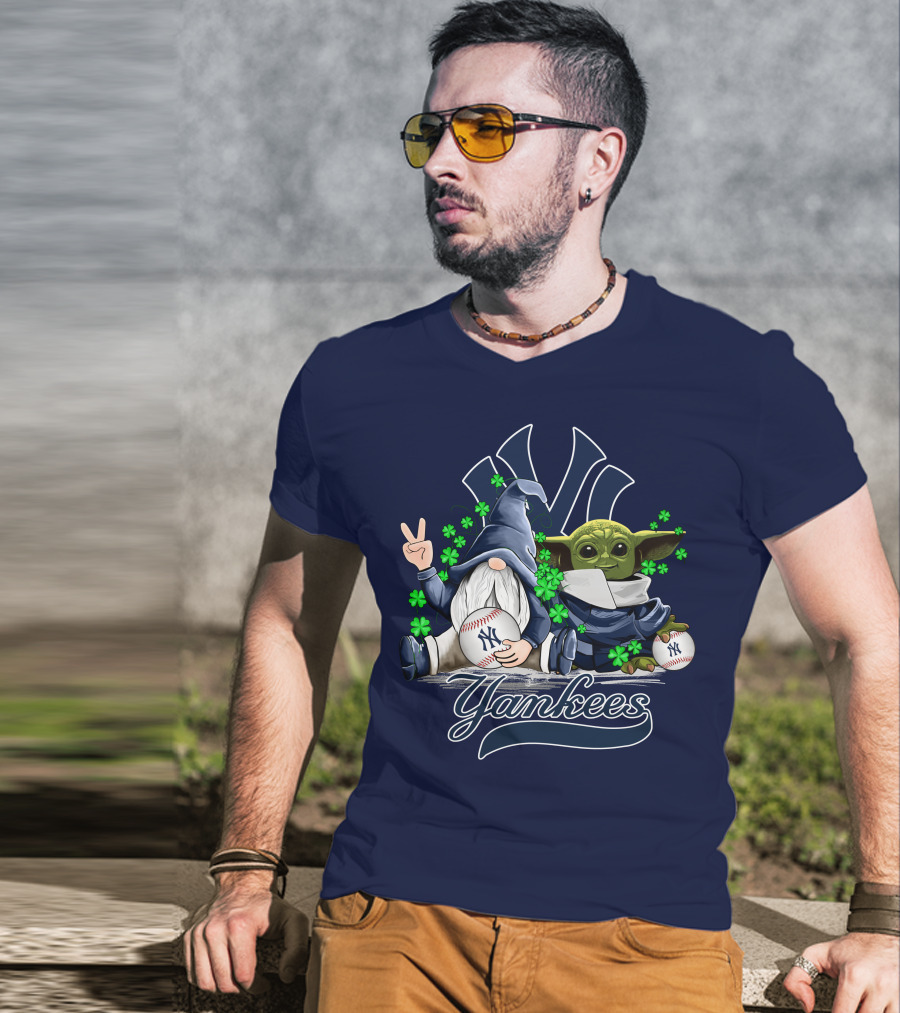 Leprechaun Gnome Baby Yoda Yankees Logo Baseball Fan T-Shirt