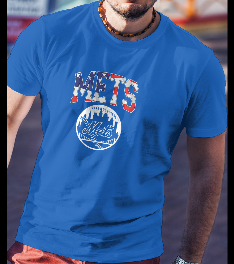 Mets American Flag Skyline Baseball T-Shirt