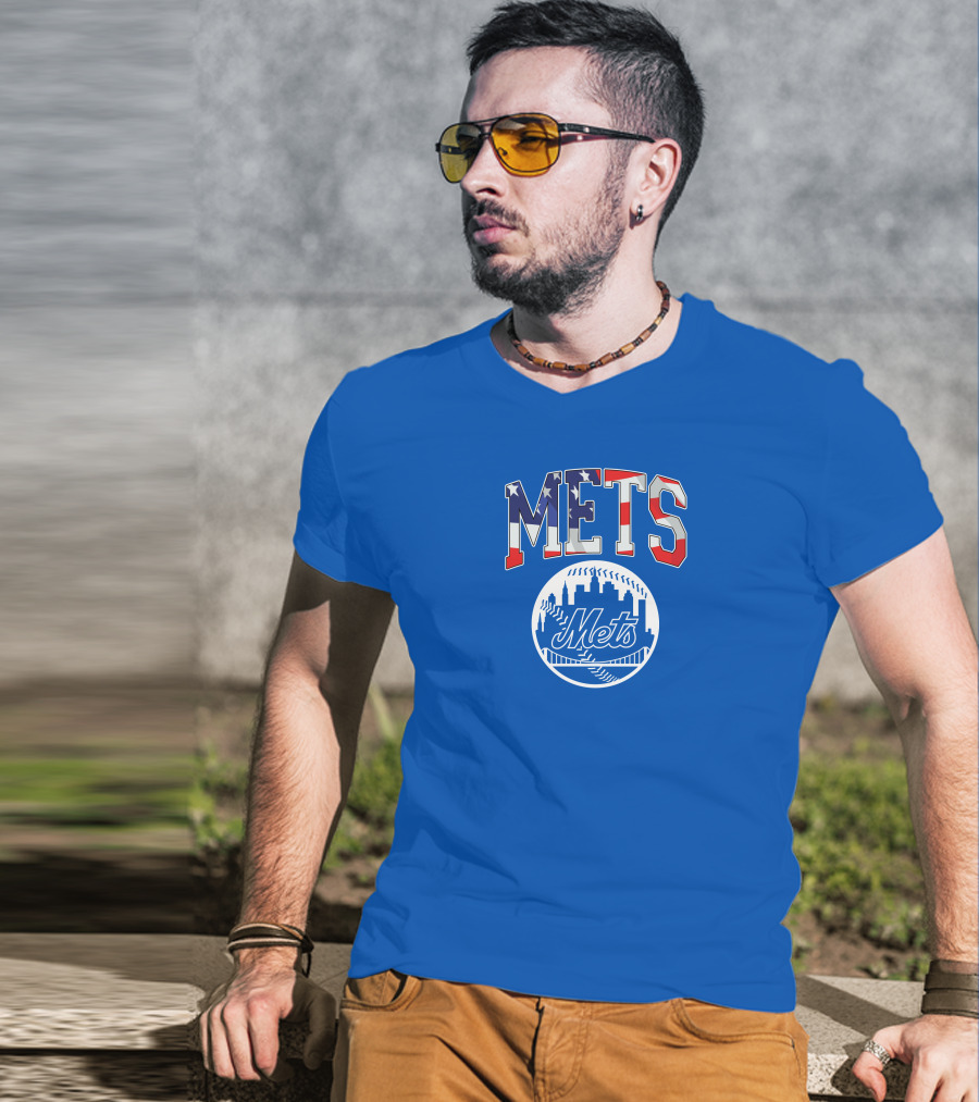 Mets American Flag Skyline Baseball T-Shirt