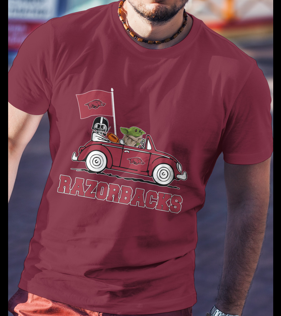 Arkansas Razorbacks Darth Vader Baby Yoda Driving Star Wars Car T-Shirt