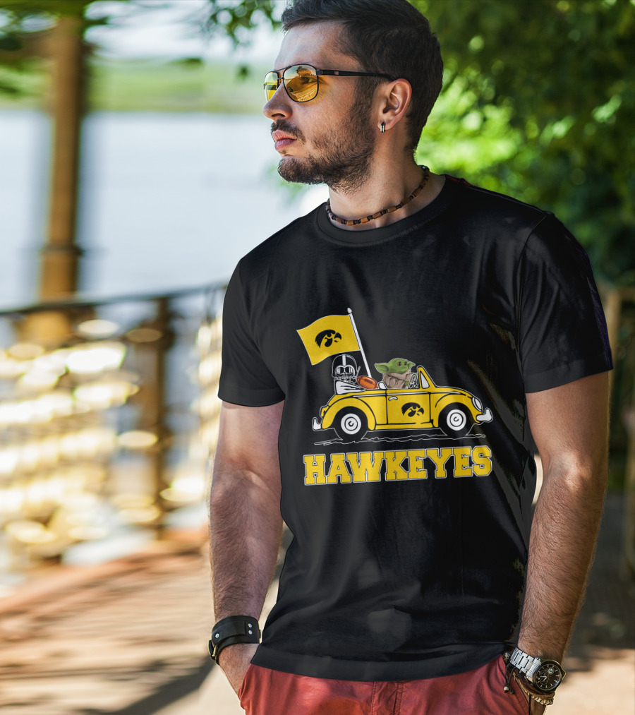 Iowa Hawkeyes Darth Vader Baby Yoda Driving Yellow Car Star Wars T-Shirt