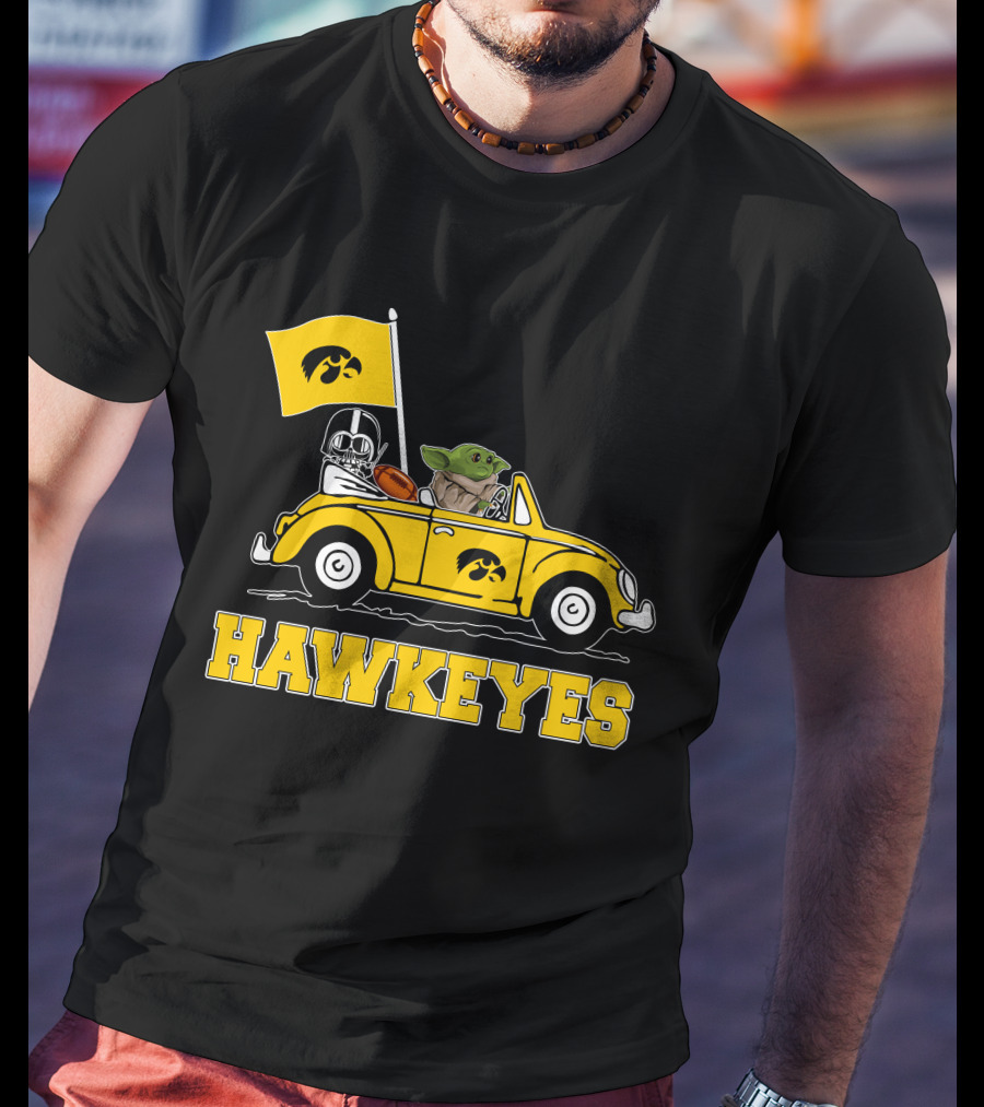 Iowa Hawkeyes Darth Vader Baby Yoda Driving Yellow Car Star Wars T-Shirt
