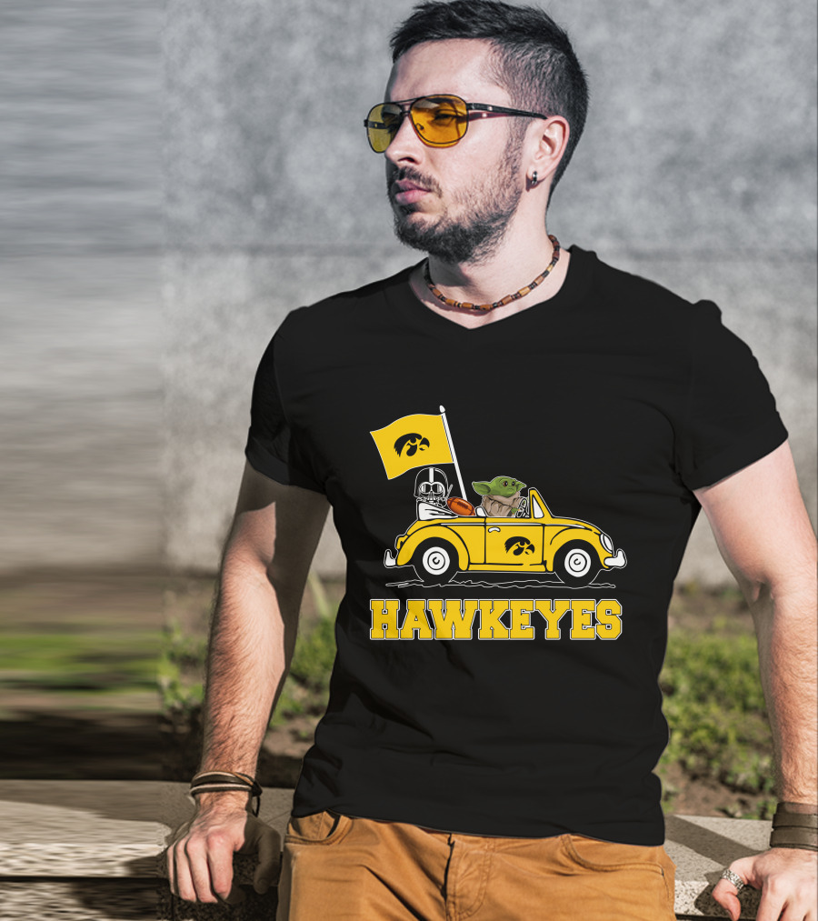 Iowa Hawkeyes Darth Vader Baby Yoda Driving Yellow Car Star Wars T-Shirt