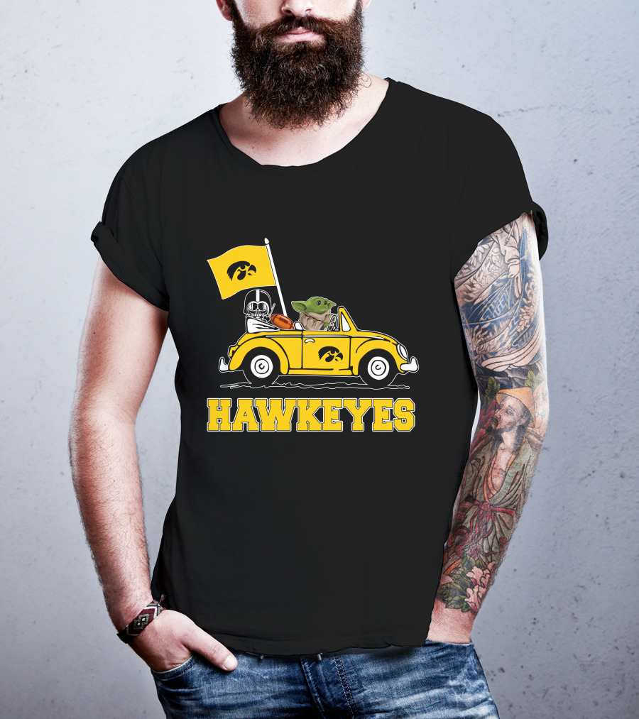 Iowa Hawkeyes Darth Vader Baby Yoda Driving Yellow Car Star Wars T-Shirt