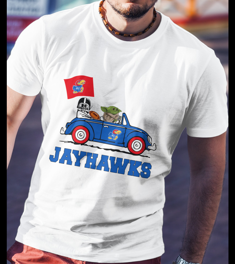 Kansas Jayhawks Darth Vader Baby Yoda Driving With Flag Star Wars Football T-Shirt