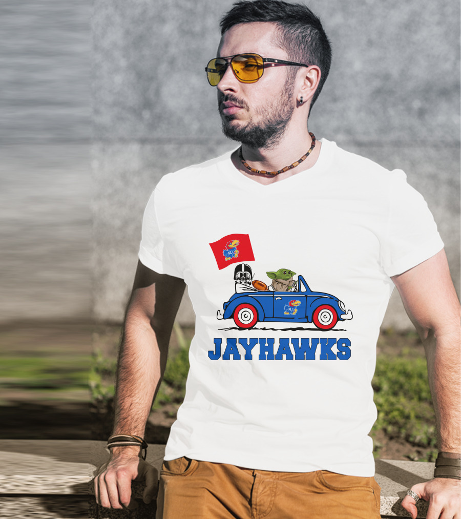 Kansas Jayhawks Darth Vader Baby Yoda Driving With Flag Star Wars Football T-Shirt
