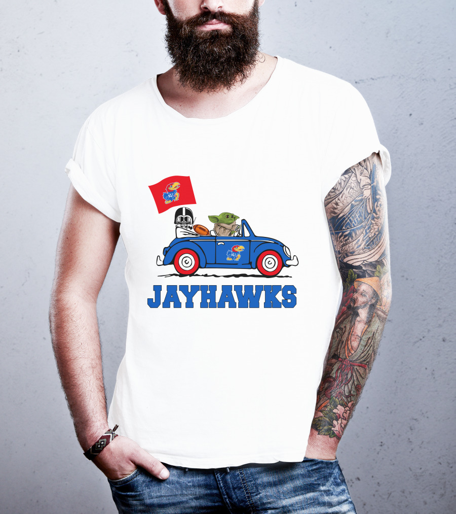 Kansas Jayhawks Darth Vader Baby Yoda Driving With Flag Star Wars Football T-Shirt