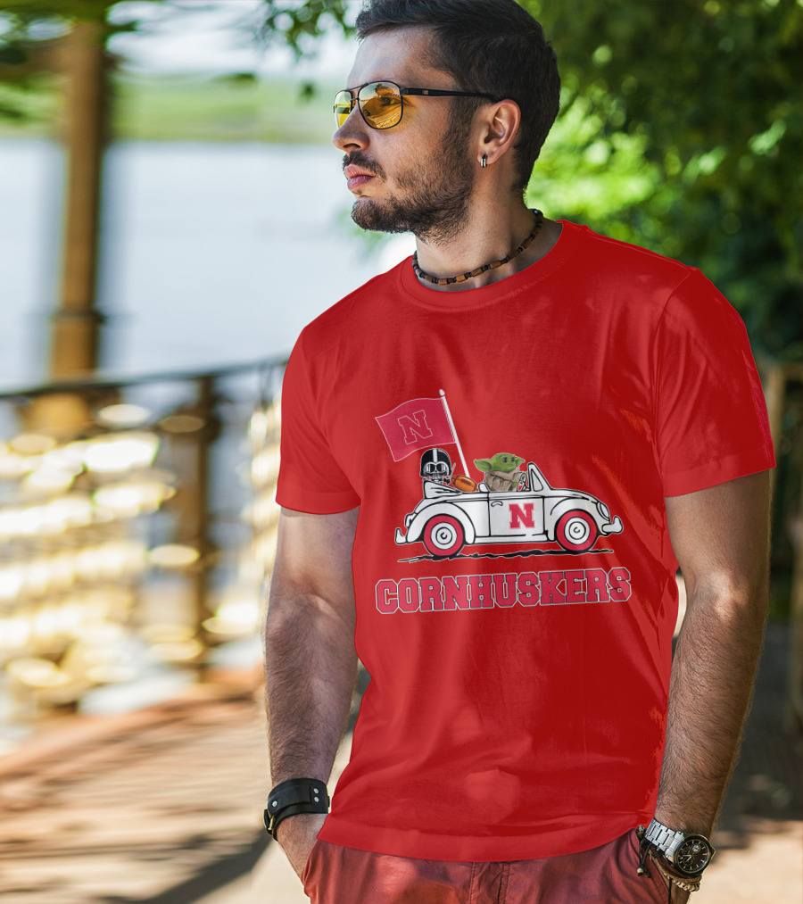 Cornhuskers Darth Vader Baby Yoda Driving Nebraska Car Star Wars T-Shirt