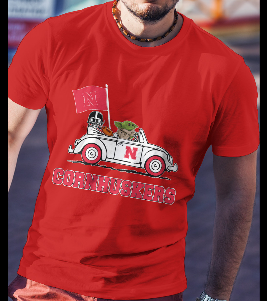 Cornhuskers Darth Vader Baby Yoda Driving Nebraska Car Star Wars T-Shirt
