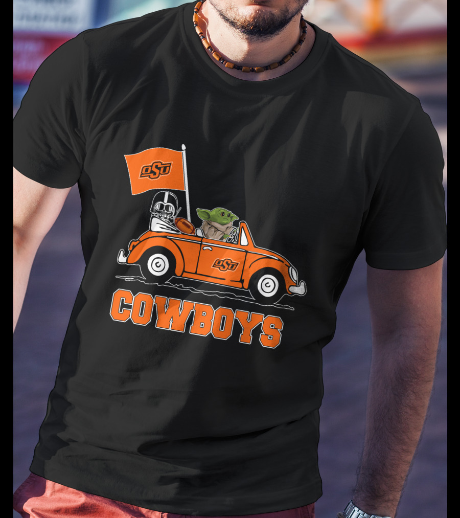 Oklahoma State Cowboys Darth Vader Baby Yoda Driving OsU Flag T-Shirt