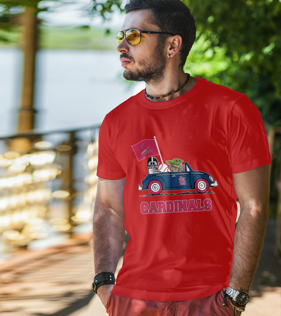 St Louis Cardinals Darth Vader Baby Yoda Driving Car Star Wars Baseball T-Shirt