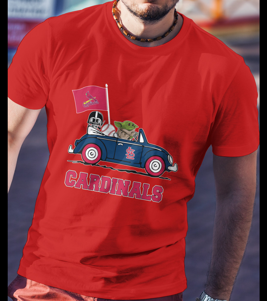St Louis Cardinals Darth Vader Baby Yoda Driving Car Star Wars Baseball T-Shirt