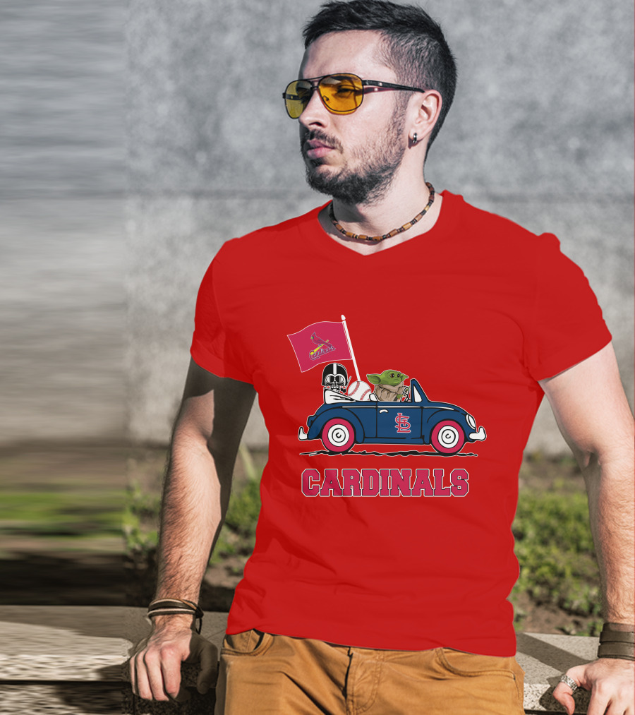 St Louis Cardinals Darth Vader Baby Yoda Driving Car Star Wars Baseball T-Shirt