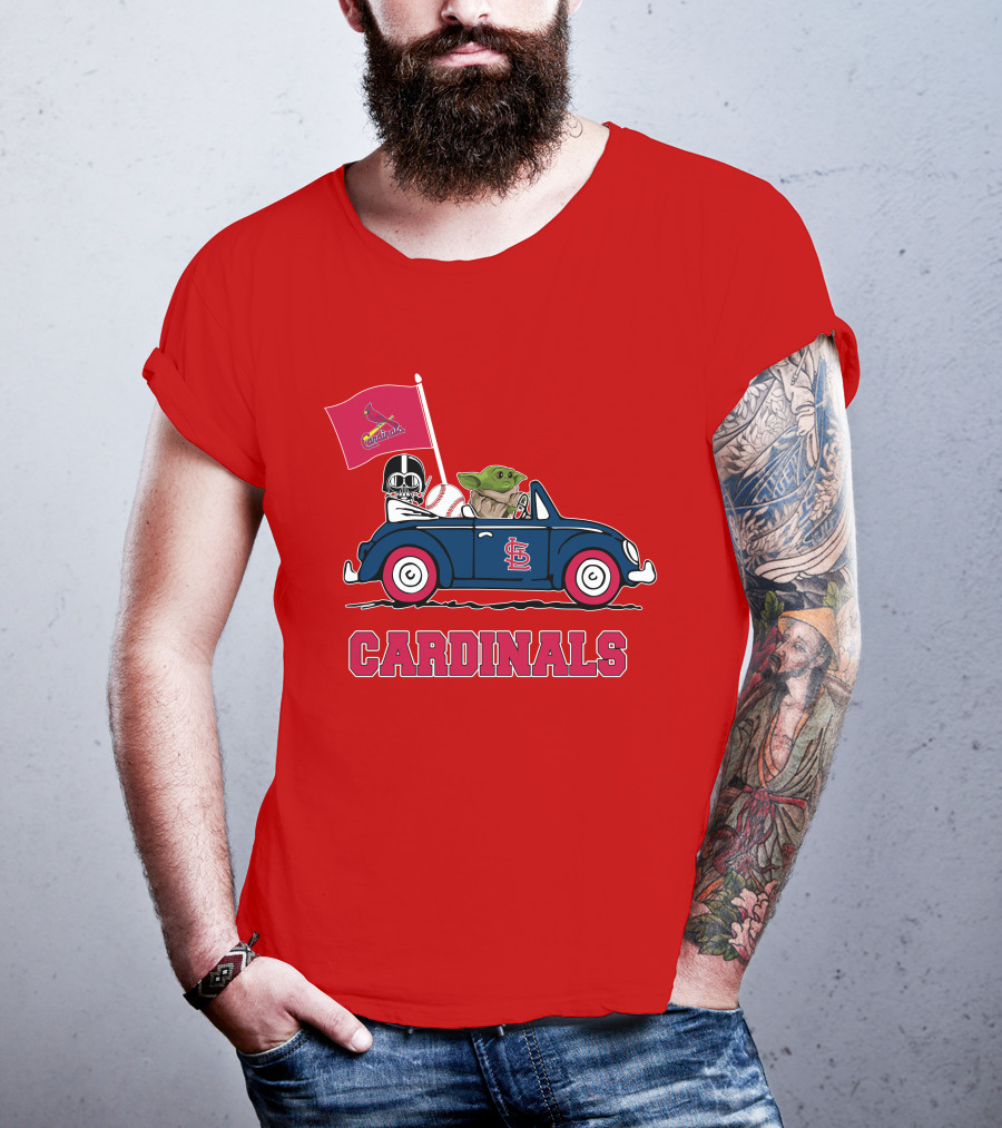 St Louis Cardinals Darth Vader Baby Yoda Driving Car Star Wars Baseball T-Shirt