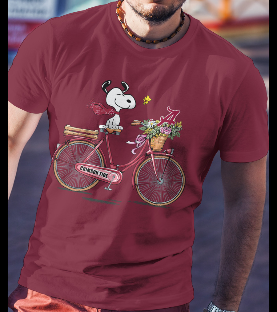 Alabama Crimson Tide Snoopy On Bicycle With Flowers And Woodstock T-Shirt