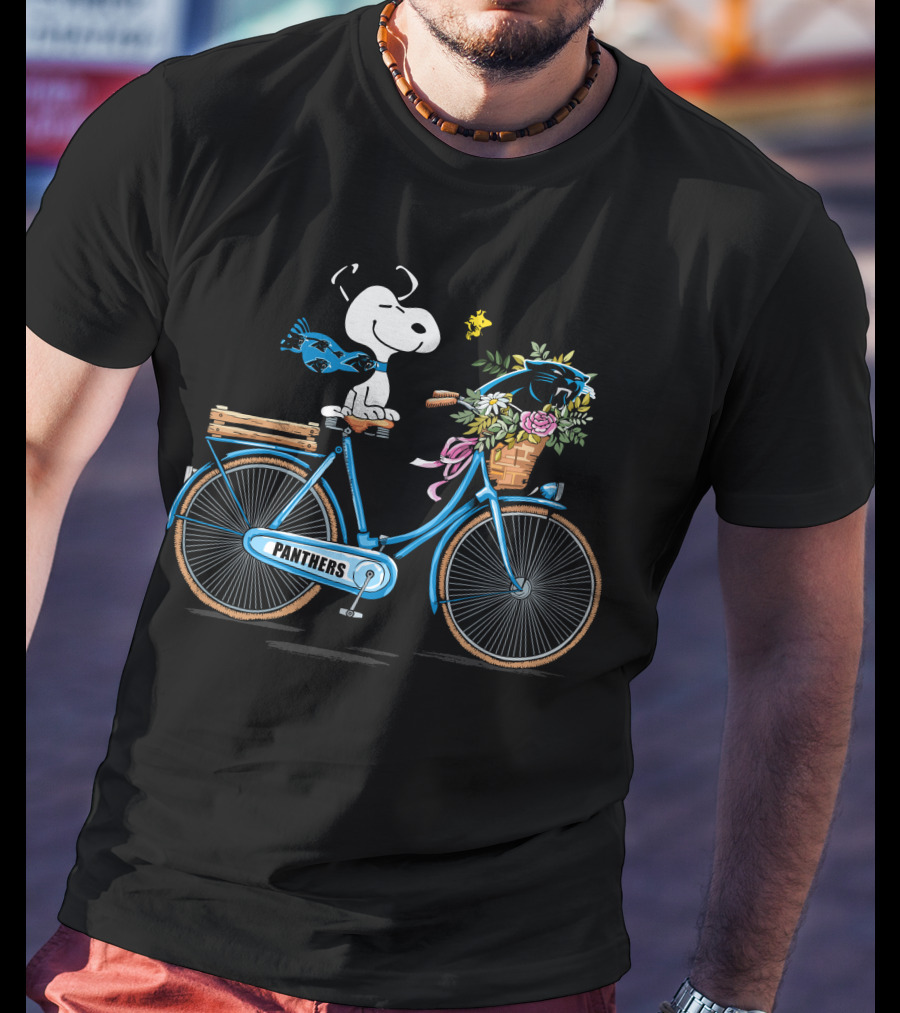 Panthers Snoopy On Bicycle With Flowers And Woodstock T-Shirt
